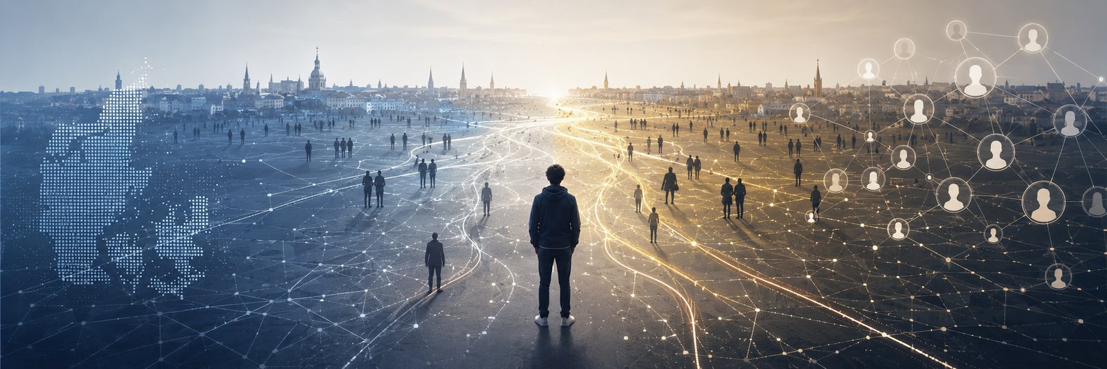 Networked figures on an open plaza with a Copenhagen-style skyline at sunrise; a map of Denmark rendered in dots in the lower-left.
