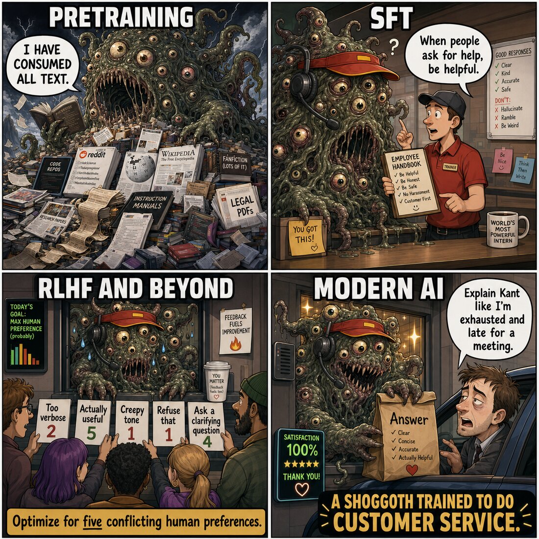 The same four-panel customer-service comic, but with a many-eyed Shoggoth in place of the Dragon. The final panel reads 'A Shoggoth trained to do customer service.'