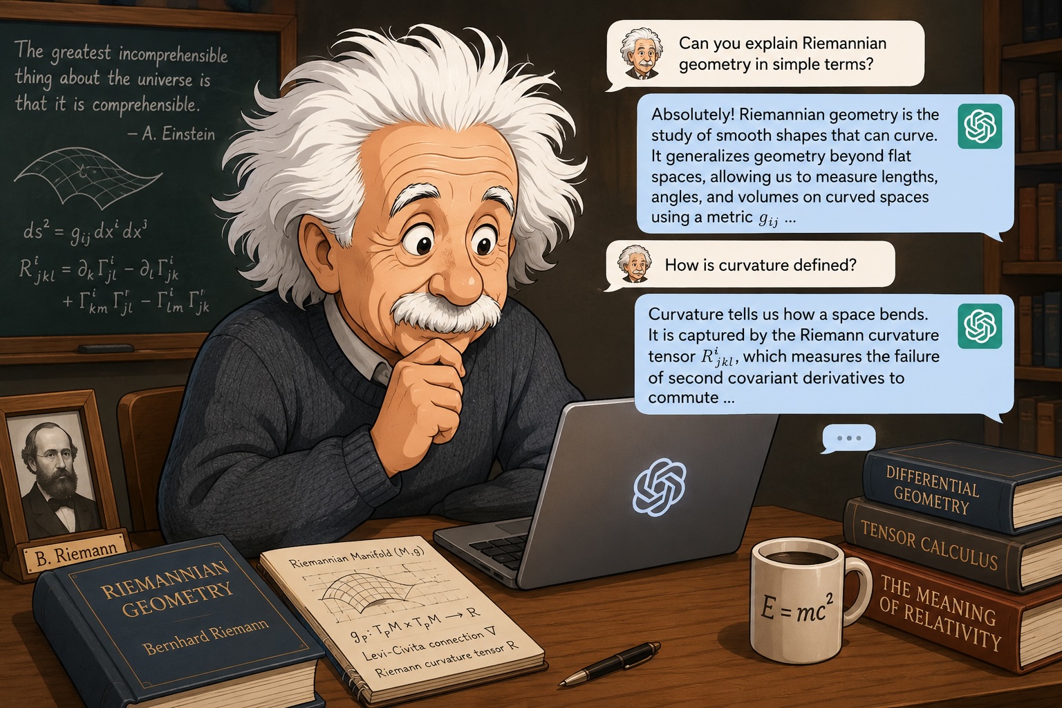 A cartoon of Albert Einstein at a desk, chatting with an LLM on a laptop about Riemannian geometry. Speech bubbles show the model explaining curved spaces and the curvature tensor, with a chalkboard of equations, a portrait of Bernhard Riemann, and stacks of geometry textbooks behind him.