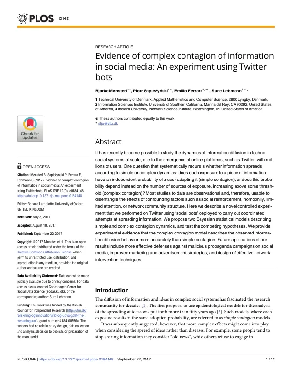 First page of Evidence of complex contagion of information in social media: an experiment using Twitter bots