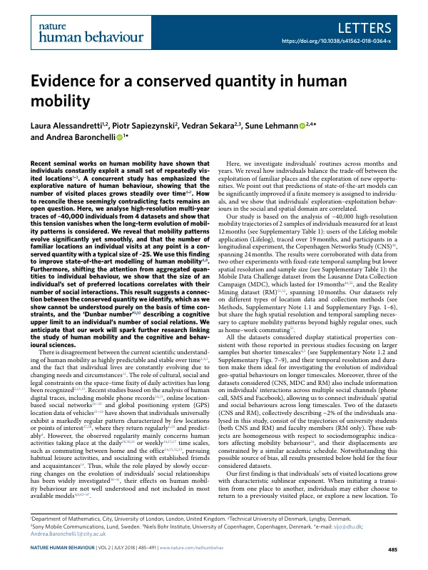 First page of Evidence for a conserved quantity in human mobility