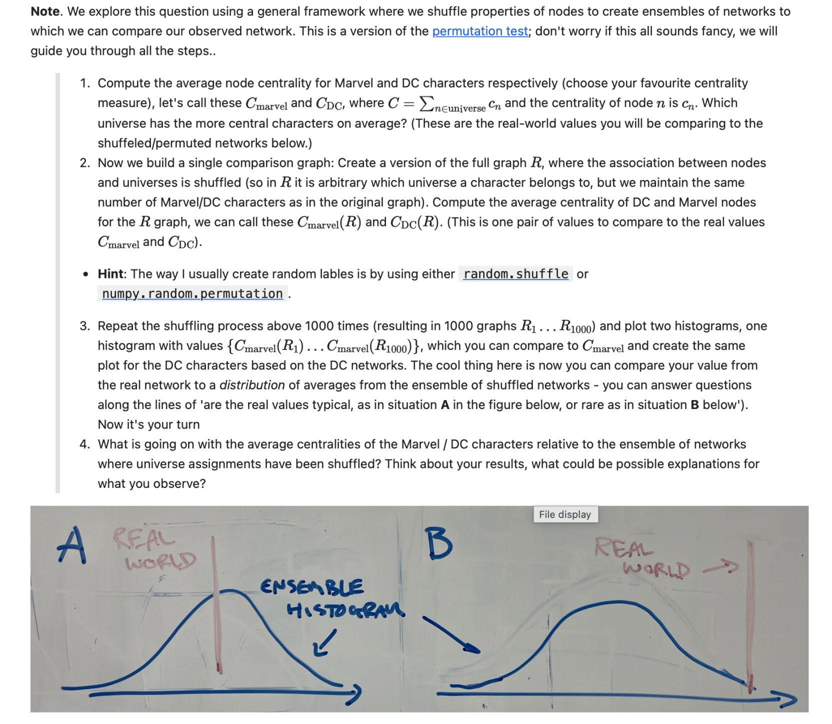 Screenshot of the 2025 notebook: the shuffling exercise as numbered steps, and a whiteboard photo of two ensemble histograms with the real-world value inside one and far outside the other